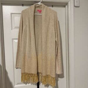 Lilly Pulitzer Cream Open-Front Cardigan with Fringe and gold sparkles